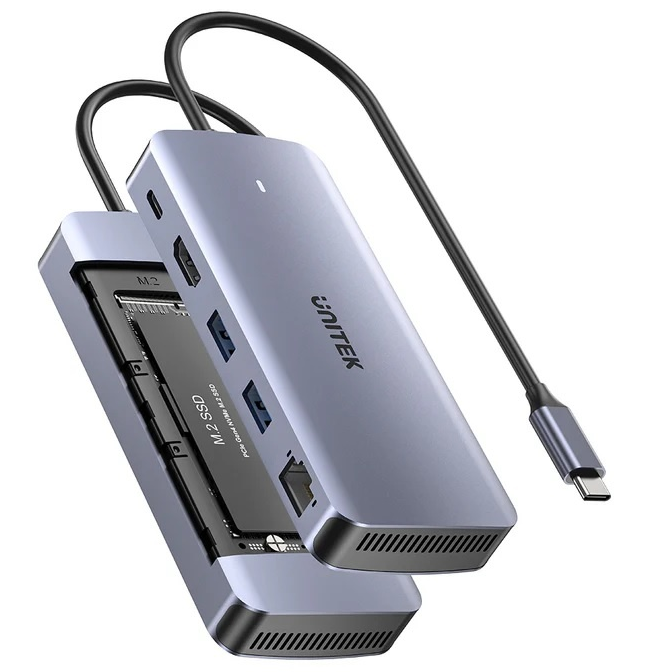 HUB USB-C Unitek 6 en 1 10Gbps con slot M.2 Slot M.2 para SSD. PD 100w.